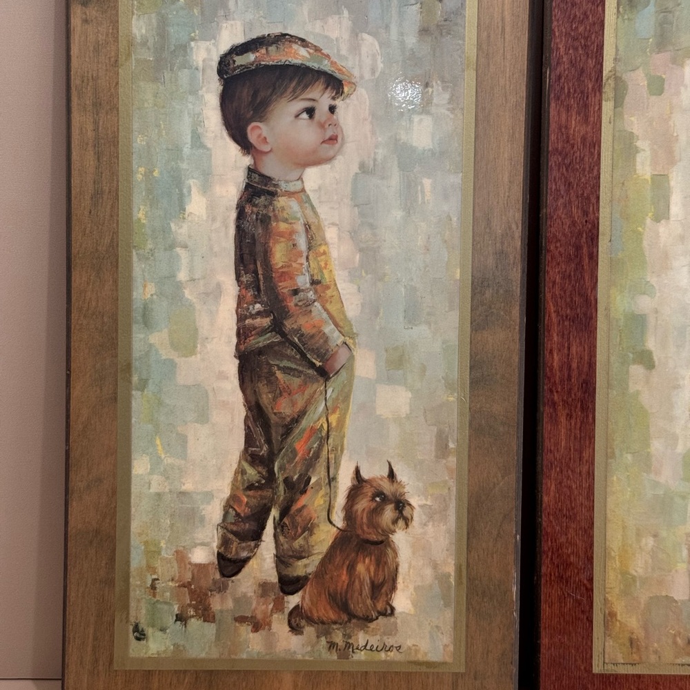 Mid Century Medeiros Girl with Cat and Boy with Dog Big Eye Wall Art - Picture 4 of 13